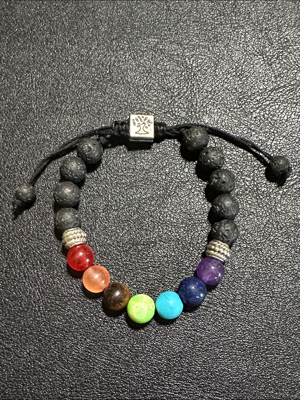 Square Tree Of Life 7 Chakra Natural Stone & Black Lava Bead Adjustable Bracelet